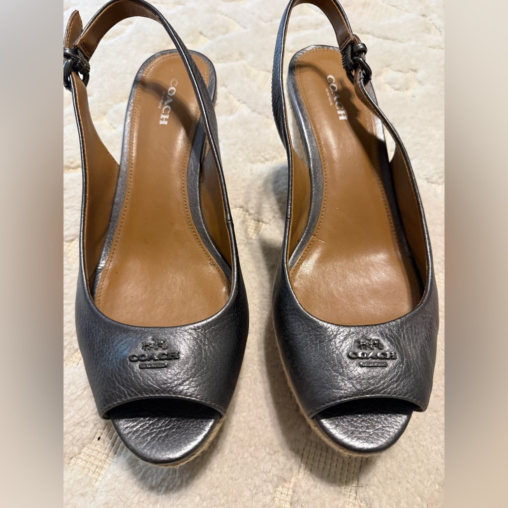 Coach Metallic Gray Peep Toe Slingback wedges 9B